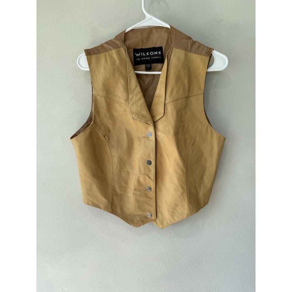 Vintage Wilsons Leather Women's Large Beige Tan Brown Leather Vest Button Up